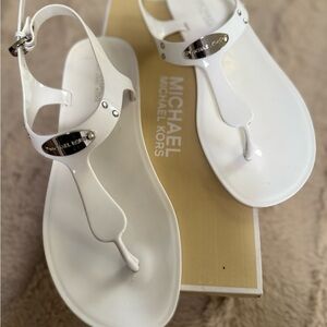 Michael Kors White T-Strap Sandals with Metallic Accent